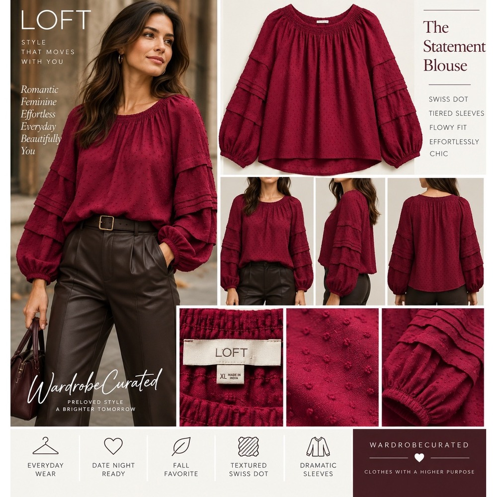 LOFT XL Burgundy Swiss Dot Blouse Tiered Ruffle Balloon Sleeve Boho Top